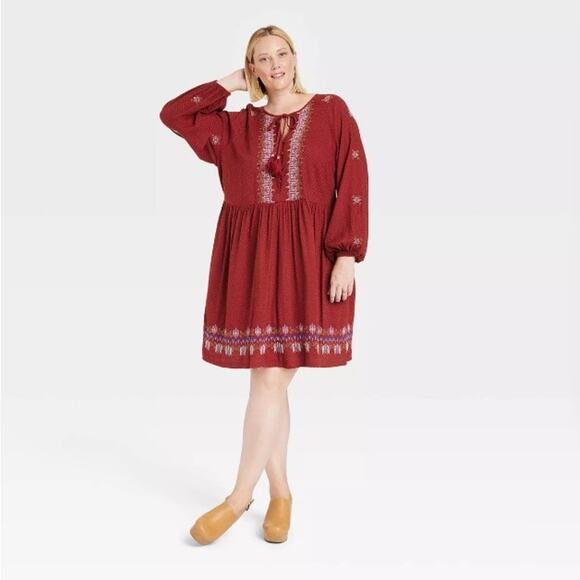 Knox Rose Mini Dress Plus 2X Balloon Long Sleeve Embroidered Tassel Boho Maroon - Picture 1 of 10